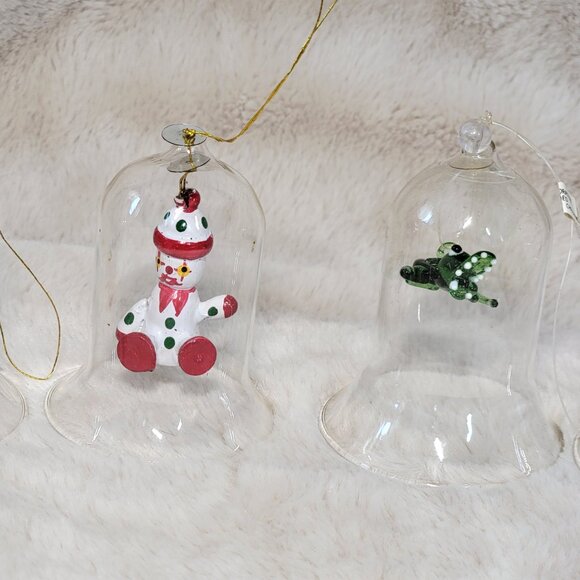 5 VTG Clear Glass Bells with Wooden / Glass Figurines Inside Christmas Ornaments - Picture 3 of 11